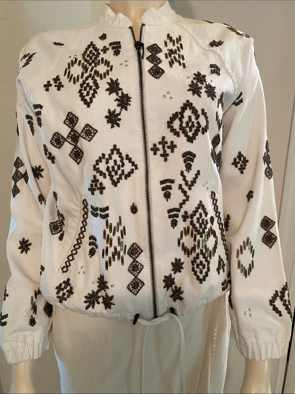 Chico's White Bomber Jacket with Dark Gold Beaded Embroidery